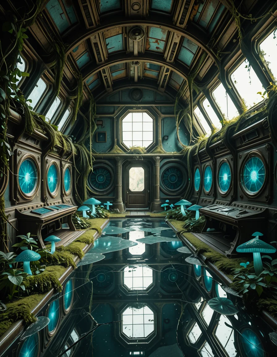 The interior of an ancient abandoned spaceship, overtaken by lush vegetation. The walls and ceiling are covered in thick, twisting vines and moss. Strange alien plants glow faintly in shades of blue and green, casting an eerie, mystical light across the metallic surfaces. Rusted control panels and shattered glass windows hint at a long-forgotten past. The floor is cracked and partially flooded with still, reflective water. Patches of bioluminescent fungi cling to the corners, adding a surreal atmosphere. The air feels heavy with moisture, and beams of soft, diffused light filter through holes in the hull, creating dramatic shafts of light and shadow. The overall style is hyper-realistic, rich in textures, with a cinematic and slightly melancholic mood.<lora:SDXLFaeTastic2400:0.4> <lora:extremely_detailed:0.4> extremely detailed,ancient abandoned sp4c3sh1p, <lora:ancient_abandoned_sp4c3sh1p-i:1>, Masterpiece,best quality,hi res,8k,hi res,8k,award winning,(sharp focus, intricate, highly detailed),