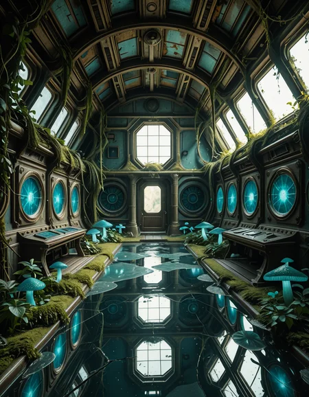 The interior of an ancient abandoned spaceship, overtaken by lush vegetation. The walls and ceiling are covered in thick, twisting vines and moss. Strange alien plants glow faintly in shades of blue and green, casting an eerie, mystical light across the metallic surfaces. Rusted control panels and shattered glass windows hint at a long-forgotten past. The floor is cracked and partially flooded with still, reflective water. Patches of bioluminescent fungi cling to the corners, adding a surreal atmosphere. The air feels heavy with moisture, and beams of soft, diffused light filter through holes in the hull, creating dramatic shafts of light and shadow. The overall style is hyper-realistic, rich in textures, with a cinematic and slightly melancholic mood.<lora:SDXLFaeTastic2400:0.4> <lora:extremely_detailed:0.4> extremely detailed,ancient abandoned sp4c3sh1p, <lora:ancient_abandoned_sp4c3sh1p-i:1>, Masterpiece,best quality,hi res,8k,hi res,8k,award winning,(sharp focus, intricate, highly detailed),
