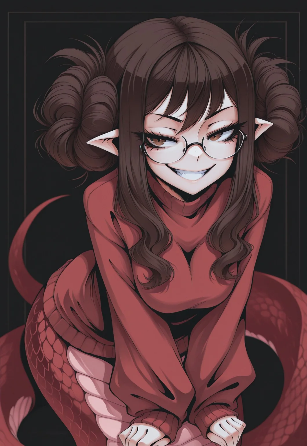 masterpiece, best quality, 1girl, solo, dhjs, Kabrap, brown hair, brown eyes, glasses, puffy hair, lamia, red tail, leaning forward, grin, red sweater