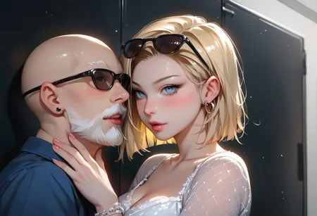 ,((white taut dress)),((sideways)),score_9,score_8_up,score_7_up,<lora:Expressive_H-000001:0.8>,g0th1cpxl,<lora:g0th1cPXL:0.7>,expressiveh,<lora:Fixhands_anime_bdsqlsz_V1:1>,
1hot and cute girl with old sunglasses bald old man ,intricate details,hyperdetailed,photorealistic,Android 18,blush, dynamic pose, with long white bandhoiz ducktail beard man, white beard, white bandhoiz,