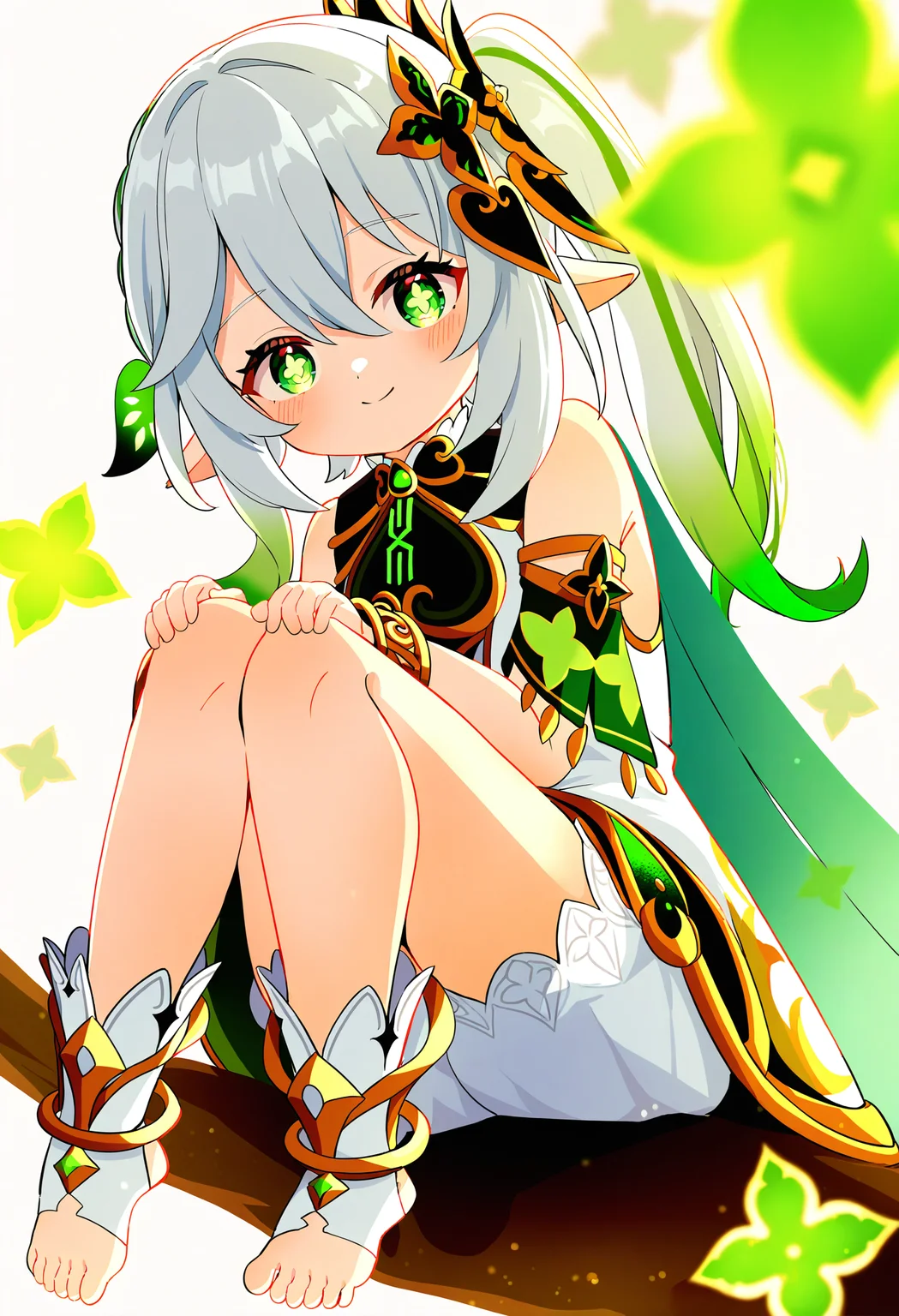1girl, nahida \(genshin impact\),
solo, white bloomers, side ponytail, bracelet, smile, multicolored hair, green cape, underwear, toeless footwear, green eyes, gold trim, bloomers, detached sleeves, sidelocks, sleeveless, white dre, toeless legwear, simple background, leaf hair ornament, full body, sleeveless dress, cape, grey hair, looking at viewer, cross-shaped pupils, bare shoulders, symbol-shaped pupils, dress, stirrup footwear, sitting on branch, gradient hair, jewelry, long hair, hair ornament, white background, pointy ears,
masterpiece, best quality
<lora:Siro9_nobep10-000013:1>