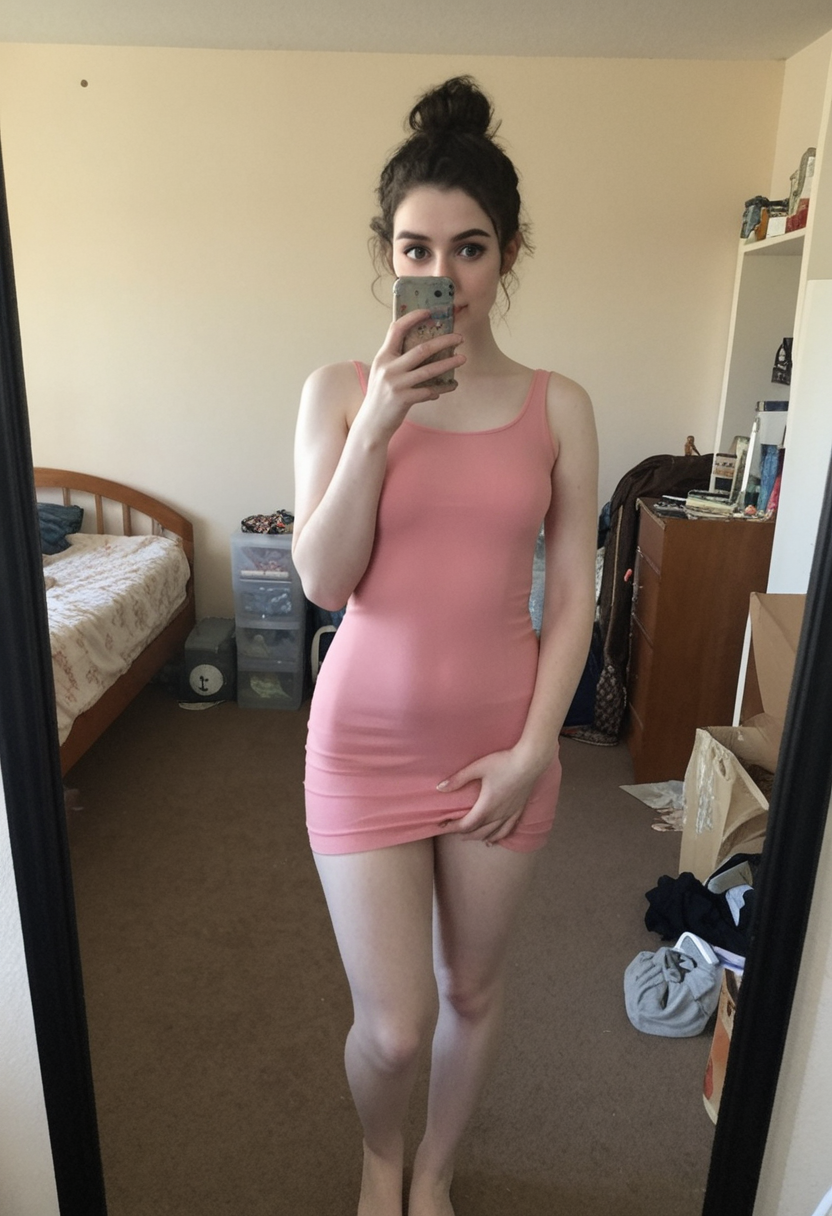 mirror selfie, amateur photo, film grain, 25 year old woman, short wavy black hair, messy bun, pale skin, layered hair, blue eyes, detailed face, (makeup, lipstick:0.85), (full body shot), (pudgy:0.7), shy, emarrassed, 
tight pink mini dress, 
apartment bedroom, clutter,