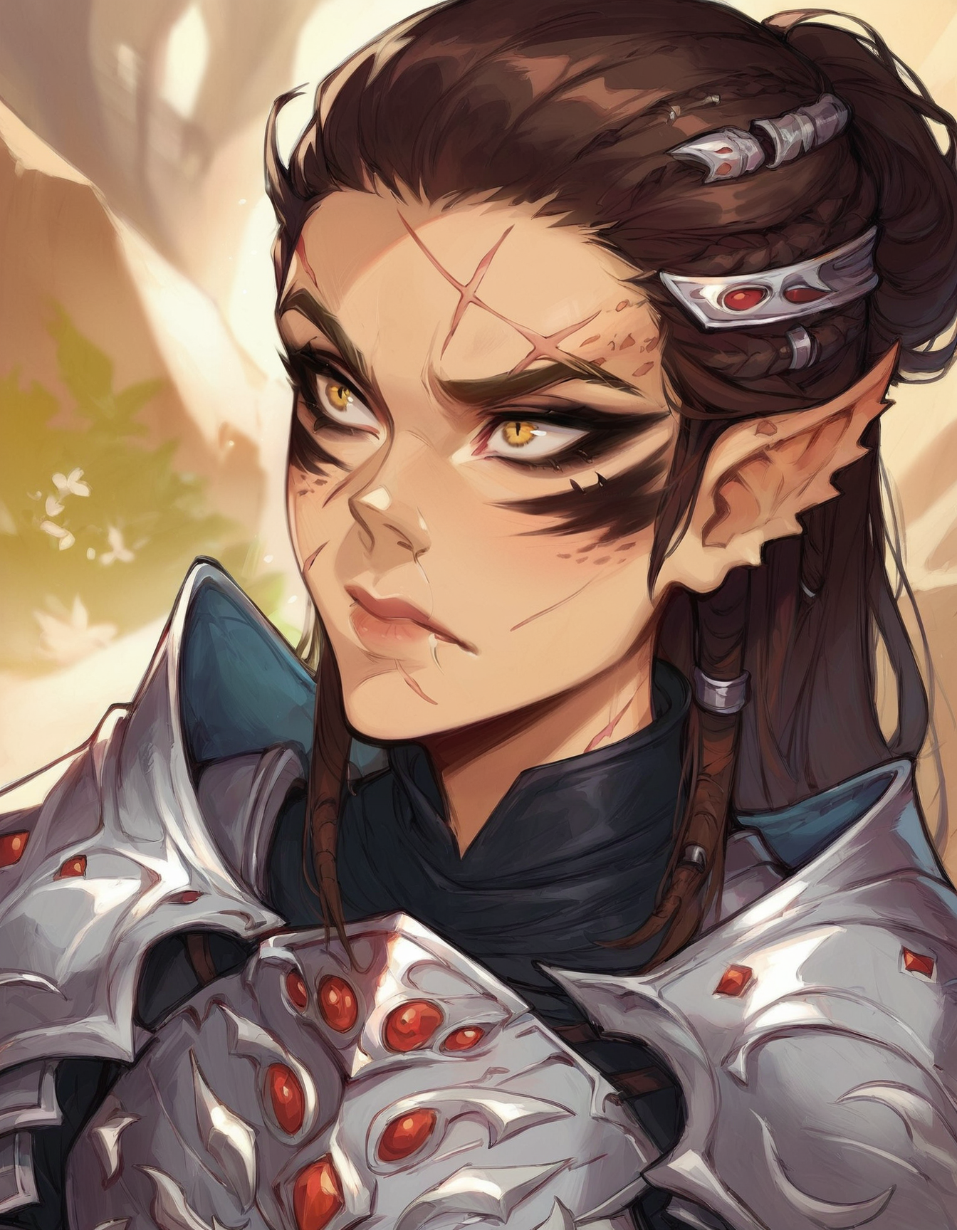 score_9, score_8_up, score_7_up, 1girl, bg3laezel, long hair, colored skin, yellow eyes, brown hair, pointy ears, broken armor, silver armor, outdoors, raised eyebrow, scar, hair ornament, dungeons and dragons, <lora:corneo_laezel:0.9>, source_cartoon, source_anime, rating_questionable