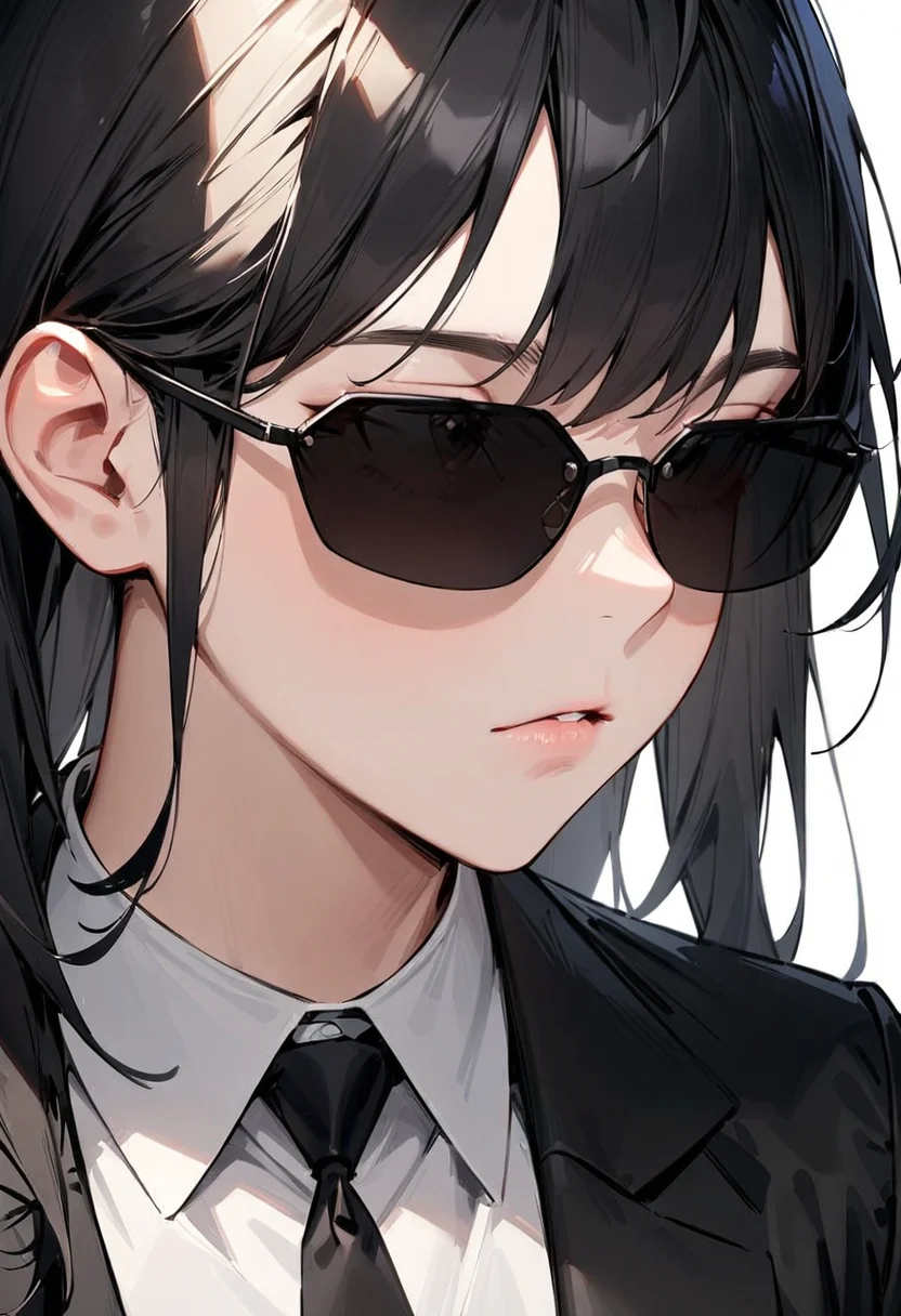 masterpiece, best quality, very aesthetic, absurdres,
1girl, solo, black hair, long hair,
agtsg, sunglasses, dark black-tinted eyewear,
formal, black suit, black necktie, collared shirt, covered eyes, simple background, white background, looking at another, upper body, face focus, standing,
<lora:sunglasses_agent_smith_SDXL_V1:1>