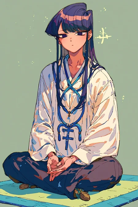 score_9, score_8_up, score_7_up, black hair, komi shouko,, solo, solo focus, portrait, simple background, Sitting cross-legged on a mat, meditating., <lora:mizucx2:1>