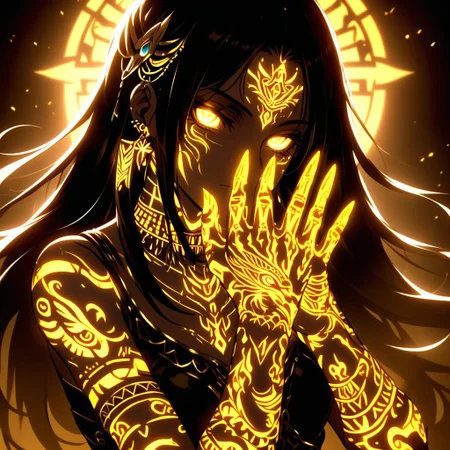 A female anime character with intricate glowing Yellow Egyptians tattoos covering her arms, hands, and face. The tattoos emit a soft, radiant glow that contrasts against her dark, form-fitting outfit. Her expression is calm and mysterious, with a dreamlike ambiance surrounding her. The character has long, smooth hair decorated with elegant metal hairpins and glowing accents. The background is dimly lit, creating an otherworldly and ethereal atmosphere, with soft shadows emphasizing her glowing features. The mood is mystical, highlighting the elegance and supernatural energy of the glowing Egyptians tattoos.