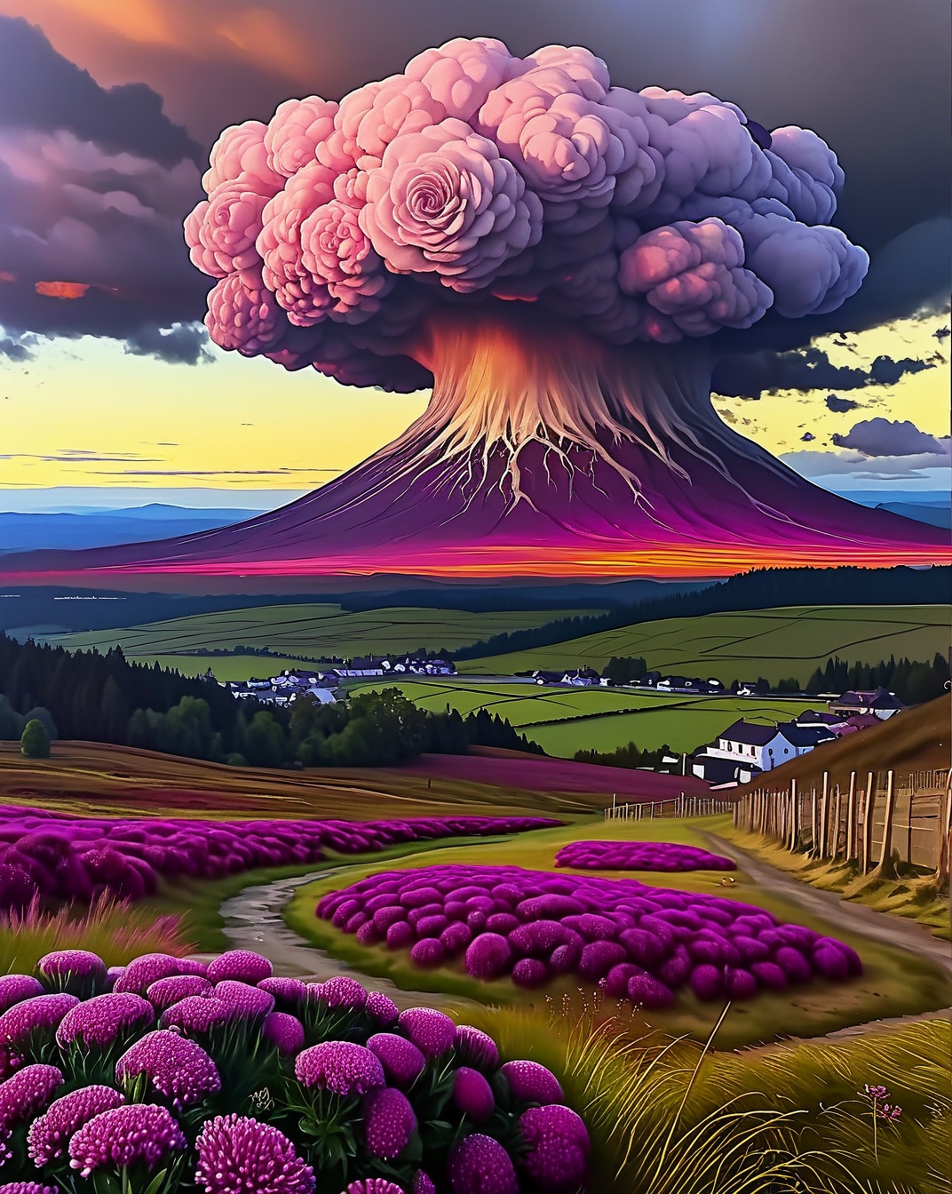 Landscape,Scottish highland moors bruised purple with heather under stormy skies during Cumulonimbus sunset: Anvil tops blooming into radioactive rose formations,,
random pilgrims in landcscape,
<lora:extremely_detailed:0.7> extremely detailed,
<lora:add-detail-xl:0.3>,
<lora:DetailMaximizer:0.3> 
detailxl ,
 <lora:tbh108-sdxl:0.7> style of Giuseppe Arcimboldo