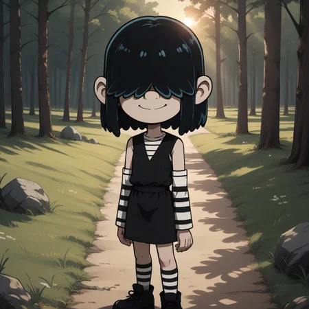 score_9, score_8, BREAK, solo, Lucy_Loud_(The_Loud_House), black hair, goth girl, hair over eyes, pale skin, long striped arm sleeves and stockings, black dress worn over a striped shirt, black shoes, self portrait, smile, looking at viewer, outdoors, sunlight, shadows, evening lighting, natural lighting, forest, trees, grass, orange sky, sunset