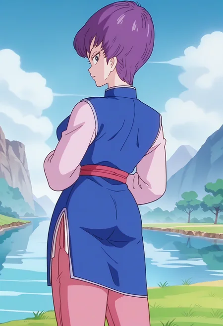 score_9, score_8_up, score_7_up, score_6_up, anime screencap, anime coloring, <lora:DBExtraGirl14:0.9>, DBExtraGirlFanfan, purple hair, short hair, dark blue eyes, breasts, 
chinese clothes, long sleeves, sleeves past wrists, sash, side slit, pink pants,
looking at viewer, ass, ass focus, looking back, from behind, 
BREAK day, grass, blue sky, sunlight, sunbeam, nature, river,