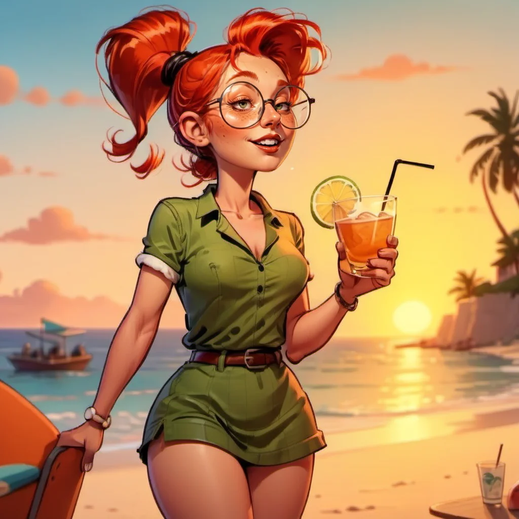 comic full body portrait 1girl, solo, round glasses, freckles, redhead, ponytail, having a cocktail on the beach, sunset <lora:MlleJeanne1024-step00000800:0.8> . graphic illustration, comic art, graphic novel art, vibrant, highly detailed