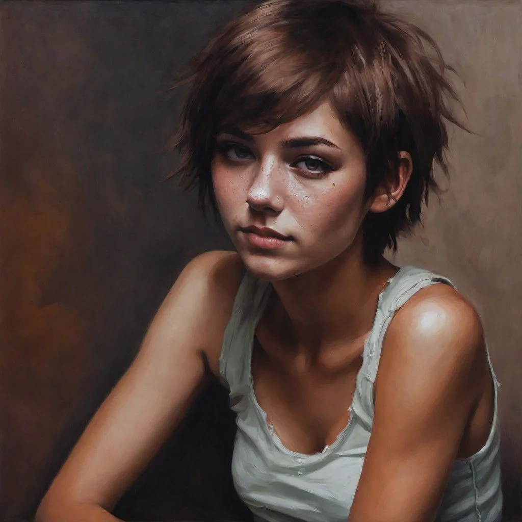 <lora:GiganticBreastsXLv1:1>, ((oil painting)), 1girl, (Short-haired busty drunk Irish emo-girl), tanned skin, ((cropped and ripped thin tank-top)), (dropped armholes), ((one exposed breast)), (side-boob), ((upturned tubular breasts)), (((sweet expression))), ((dimples)), (((colour-textured short dark pixie-cut hair))), ((spine)), ((arched back)), tattoo (tan-lines), sunny evening on plain sandy beach, Intricate textures, (high detailed skin:1.5),