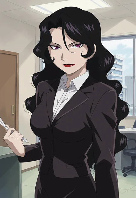 <lora:Lust-Fullmetal_Alchemist:0.85>,Lust,mature female,1girl,solo,black hair,long hair,lipstick,makeup,purple eyes,breasts,office lady,formal,shirt,jacket,skirt,cowboy shot, looking at viewer, indoors