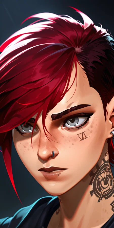 ydstlvi, 1girl, solo, short hair, bangs, red hair, grey eyes, tattoo, neck tattoo, piercing, ear piercing, classicviolet, nose freckles, asymmetrical bangs, nose piercing, eyebow cut, vi \(league of legends\), <lora:ydstlvi:1>