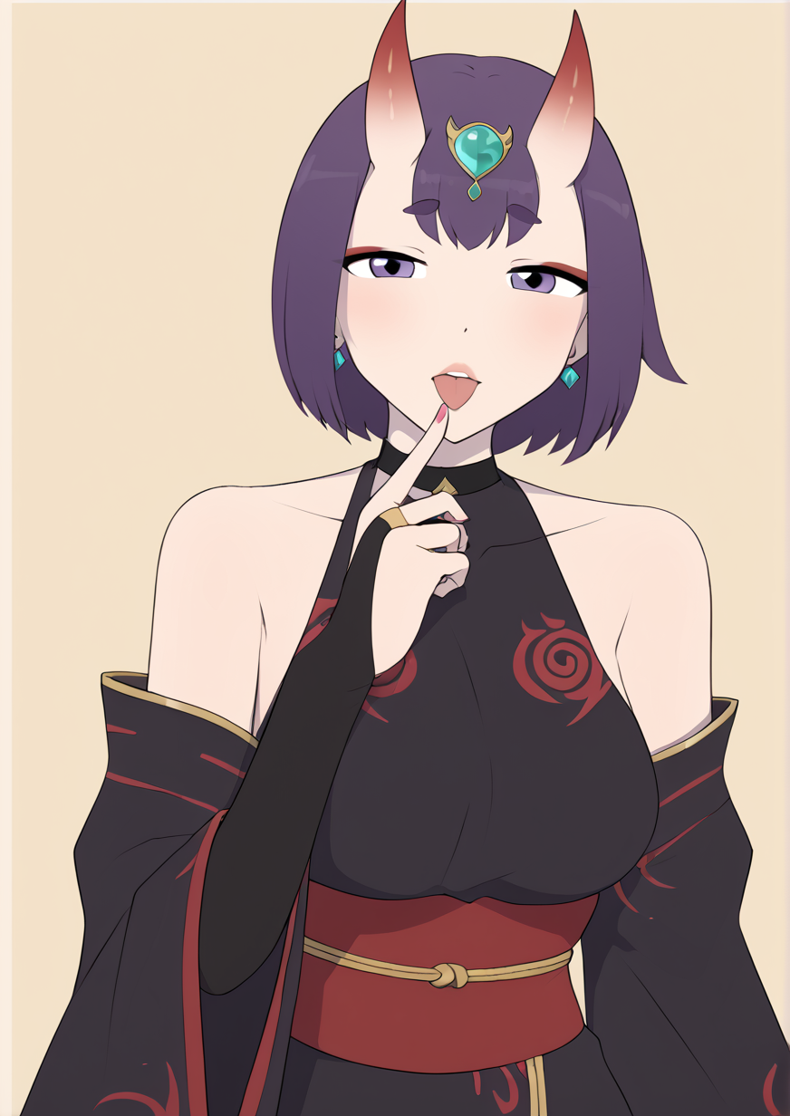 1girl, shuten douji (fate), huge breast, black choker, bob cut, breasts, bridal gauntlets, choker, finger to mouth, fingernails, gem, hair ornament, horns, lips, looking at viewer, nail polish, off shoulder, oni, oni horns, pink nails, purple eyes, purple hair, revealing clothes, short hair, skin-covered horns, solo, tongue, tongue out, upper body,handfixer <lora:HandFixer_pdxl_Incrs_v1:1> <lora:Sour_Lemonade:1>