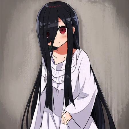 ((masterpiece)),(best quality), absurdres,sadako_yamamura,red eyes, white dress,<lora:Sadakobest:0.8>,  <lora:kanihamisoStyleLora_10:0.7>,