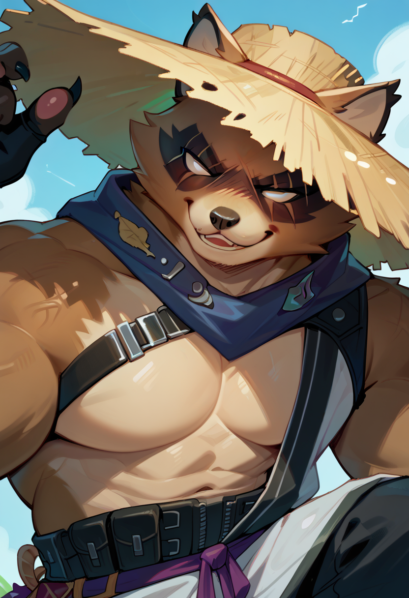 score_9, score_8_up, score_7_up, hi res, high quality, h4j1me, fortnite, furry, 1boy, solo, smug, bara, straw hat, seductive, <lora:Hajime_Fortnite:1>