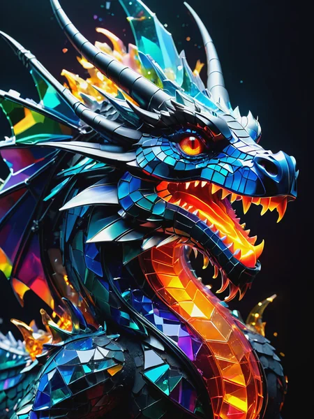 dragon with burning eyes  Made of pieces broken glass, symbols, intricate details, colorful, abstract, neon, realism, <lora:SDXLFaeTastic2400:0.8>, <lora:Made of pieces broken glass v2:0.8>  glass, shards, broken glass, transparent glass, pieces of glass