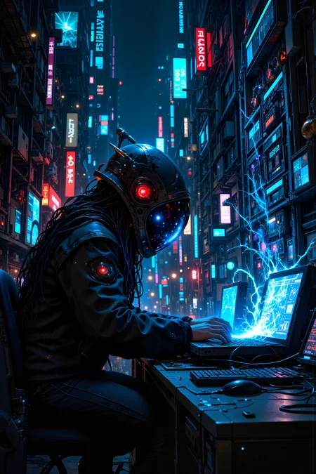 In the neon-lit underworld of a sprawling cyberpunk city, a lone hacker sits hunched over an interface, her fingers flying across the glowing holo-keyboard as she infiltrates a highly secure network. Her face is partially obscured by the glowing blue visor of her hacking helmet, which reflects the complex digital code streaming past her eyes. The room around her is dark, cluttered with old tech and wires snaking across the floor, while the distant hum of the cityâs nightlife filters through the walls. Suddenly, alarms blare, and red warning lights flicker to lifeâsheâs been detected. Her heart pounds as she prepares to dive deeper into the digital labyrinth, knowing escape is nearly impossible. The scene blends the high-tech tension of The Matrix with the neon-drenched intensity of Cyberpunk 2077.<lora:MysticFantasy>
