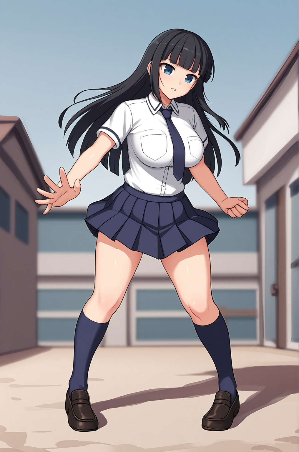 anime artwork, score_9, score_8_up, score_7_up, source_anime, BREAK, thick outline, fat outline,
Ikaruga_XL, long black hair, blunt bangs, hime cut, dark blue eyes, large breasts, BREAK, Ikaruga_School, school uniform, blue necktie, white buttoned shirt, pleated skirt, dark blue kneehighs, black loafers, BREAK, outdoors, fighting pose, action pose, full body, 
<lora:Ikaruga_XL:0.7>
<lora:PersonalAmi_PonyXL:1.0>