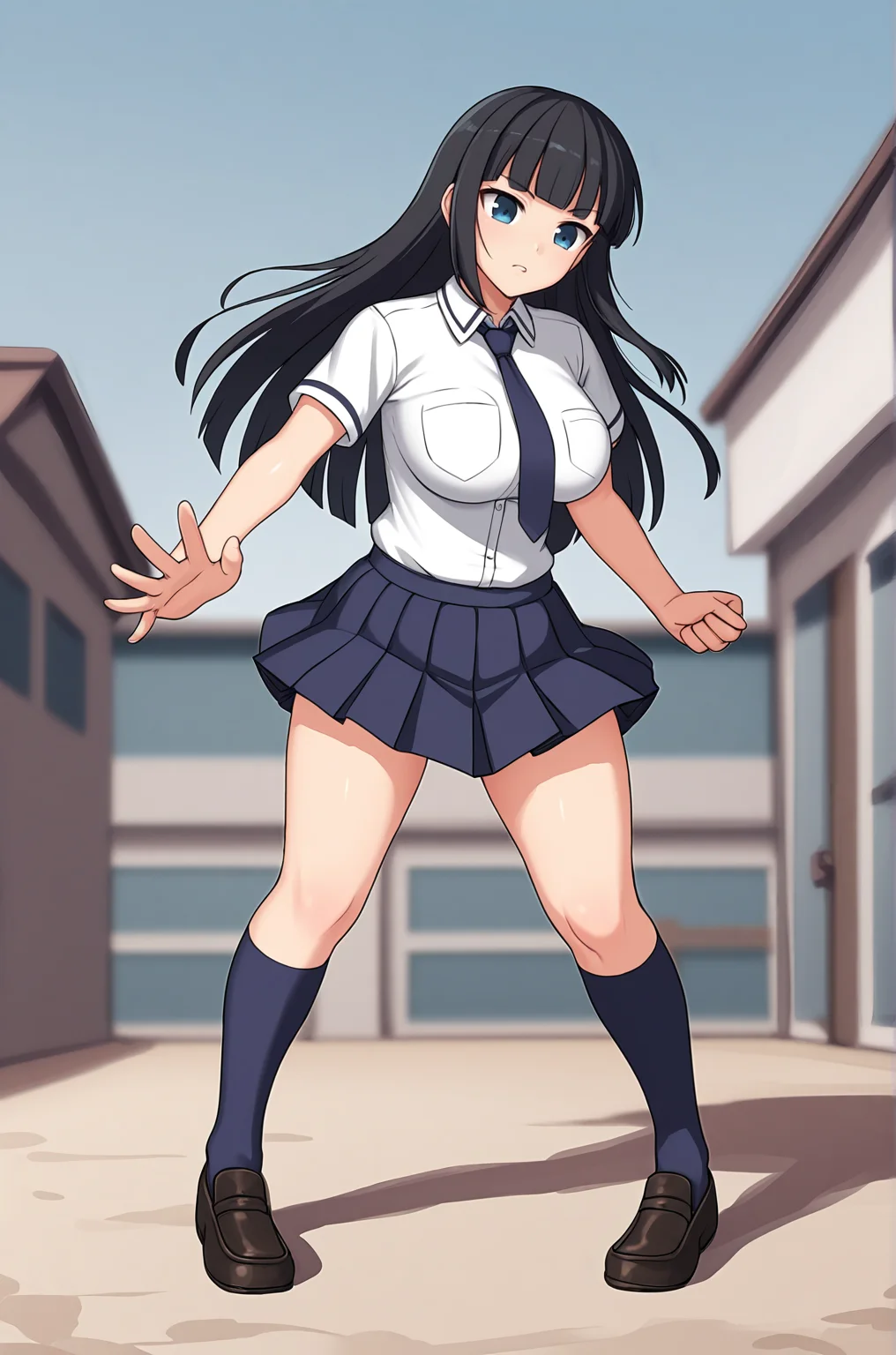 anime artwork, score_9, score_8_up, score_7_up, source_anime, BREAK, thick outline, fat outline,
Ikaruga_XL, long black hair, blunt bangs, hime cut, dark blue eyes, large breasts, BREAK, Ikaruga_School, school uniform, blue necktie, white buttoned shirt, pleated skirt, dark blue kneehighs, black loafers, BREAK, outdoors, fighting pose, action pose, full body,
<lora:Ikaruga_XL:0.7>
<lora:PersonalAmi_PonyXL:1.0>