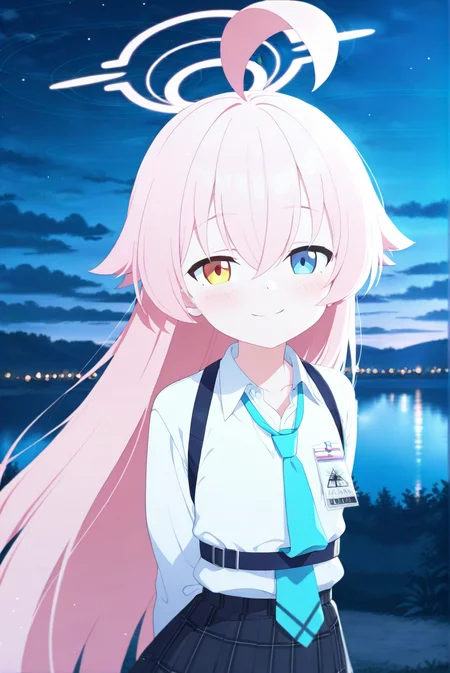 hoshino \(blue archive\),(1girl:1.1),solo,looking at viewer,blue archive animation style,looking_at_viewer,smile,Cinematic Lighting,(blurry:1.2),upper_body,blush,like it,arched_back,<lora:Blue Archive Animation Style:0.8>,night,(sky:1.1),high,(lake:1.2),front view,arms behind back,school_uniform,, masterpiece,best quality,amazing quality,