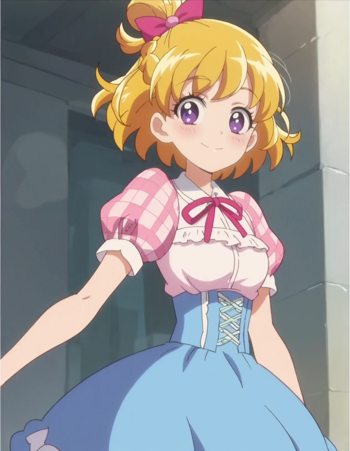 score_9, score_8_up, score_7_up, anime screencap, solo,1girl,asahinamirai, purple eyes,blonde hair,bow,neck ribbon,blue skirt,culotte skirt,pink puffy sleeves,cowboy shot,smile,blush,looking at viewer,medium breasts<lora:asahinamirai:0.8>
