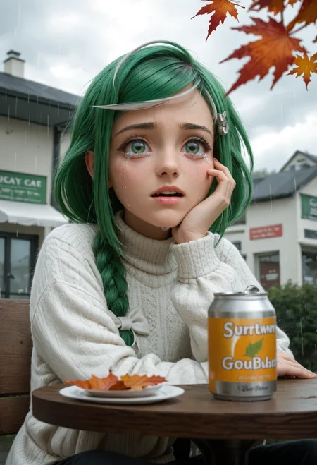 zPDXL2, (from below:0.8), (face focus:0.9), depth of field, highly detailed,
close portrait, solo, sber-chan, green hair, streaked hair, closed, single braid, white bow, long hair, (skin details:1.1),
sitting, table, (beer can:0.8), (tears:1.1), (crying:1.2), (open mouth:0.8), (bags under eyes:0.8),
hairclip, turtleneck sweater,
outdoors cafe, cloudy sky, stormy weather, (overcast:1.2), (autumn leaves:1.1), rain, thunderclouds,
<lora:add-detail-xl:1.5> <lora:Sber-chan:0.9>