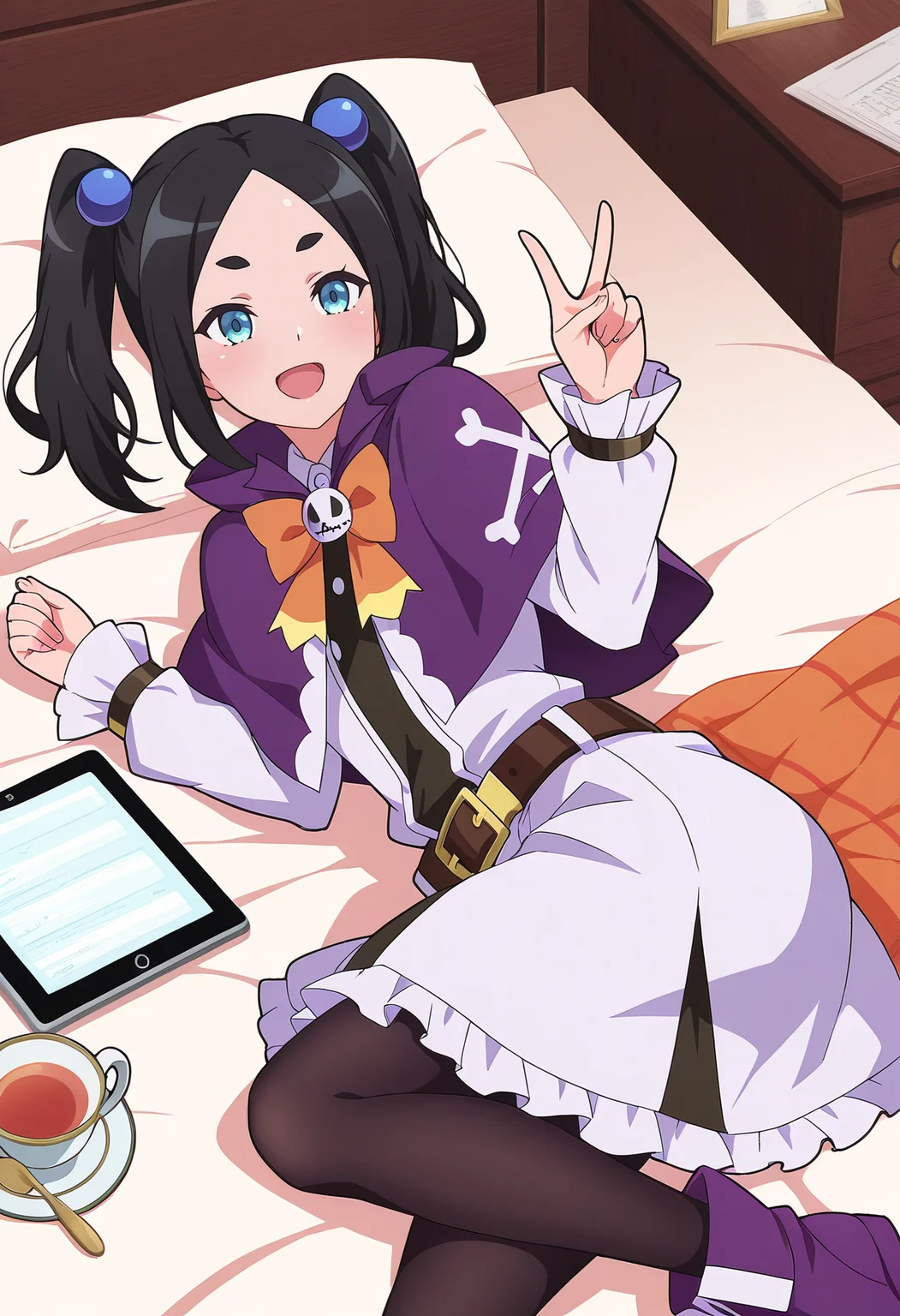 Smooth Quality,masterpiece,very intricate, high quality details, ultra realistic, high detailed skin,detailed enviorement,absurdres,
index finger raised,solo,
bedroom, blankets, tea, tablet, peace sign, lying, content,  ,
 <lora:Dannar_Toxico_CNR:0.7> toxico_cnr, 1girl,black hair, twintails, blue eyes, thick eyebrows,
toxico_def_cnr, frilled dress, purple capelet, skirt, long sleeves, frills, belt, black pantyhose, purple footwear,hair bobbles,orange bow, bowtie,, ^o^,