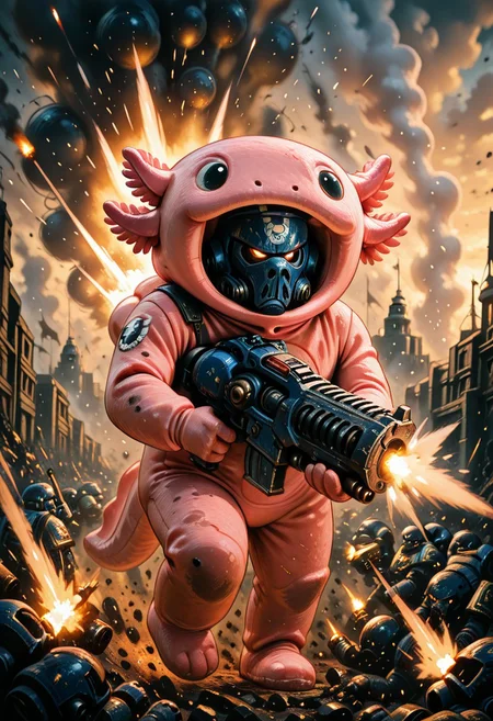 embedding:IllusP0s, axolotl costume, solo, 1boy, Ultramarine wearing an axolotl costume, firing a heavy bolter, battlefield background, UltraM40k