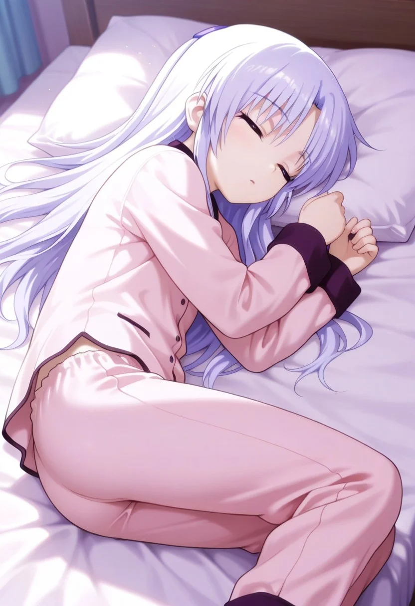 masterpiece,best quality,amazing quality, tachibana kanade, white hair, long hair, 1girl, solo, closed eyes, bed, pillow, sleeping, lying, pajamas