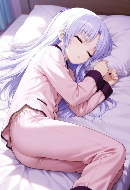 masterpiece,best quality,amazing quality, tachibana kanade, white hair, long hair, 1girl, solo, closed eyes, bed, pillow, sleeping, lying, pajamas