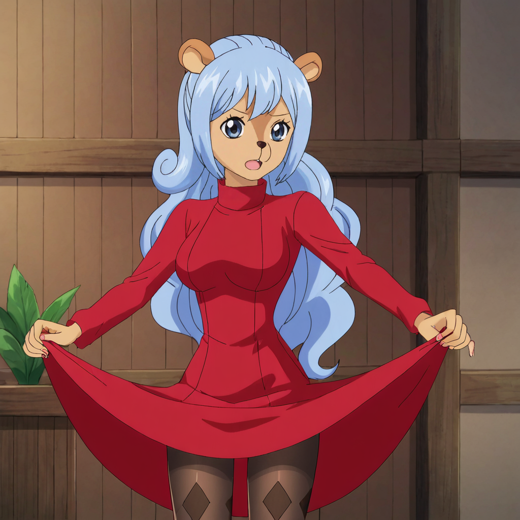 <lora:Tristan_pony_v1:.8> Tristan, 1girl, blue hair, animal ears, tail, long hair, ponytail, blue eyes, breasts, dark skin, cowboy shot,  <lora:0965 Home wear 12_v1_pony:1> ruanyi0965,red dress,short dress,black pantyhose,argyle legwear,turtleneck,dress lift,bottomless,long sleeves