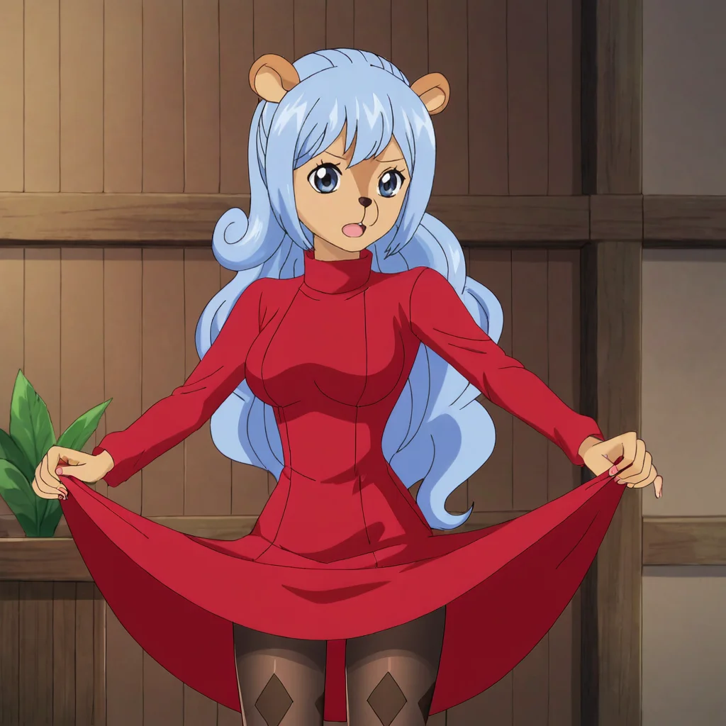 <lora:Tristan_pony_v1:.8> Tristan, 1girl, blue hair, animal ears, tail, long hair, ponytail, blue eyes, breasts, dark skin, cowboy shot,  <lora:0965 Home wear 12_v1_pony:1> ruanyi0965,red dress,short dress,black pantyhose,argyle legwear,turtleneck,dress lift,bottomless,long sleeves