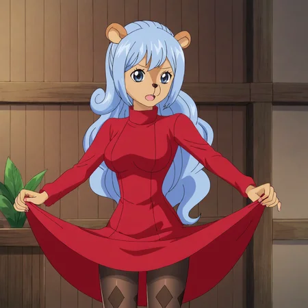 <lora:Tristan_pony_v1:.8> Tristan, 1girl, blue hair, animal ears, tail, long hair, ponytail, blue eyes, breasts, dark skin, cowboy shot,  <lora:0965 Home wear 12_v1_pony:1> ruanyi0965,red dress,short dress,black pantyhose,argyle legwear,turtleneck,dress lift,bottomless,long sleeves