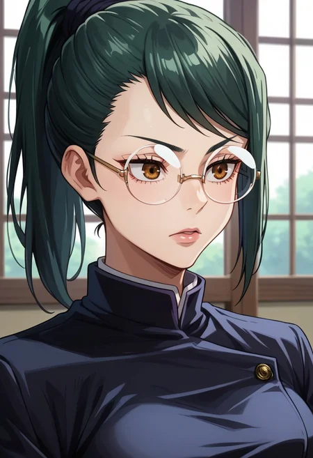 anime artwork, score_9, score_8_up, score_7_up, score_6_up, score_5_up, solo, perfect eyes, detailed eyes, beautiful female, detailed face, dynamics lines, 20 year old, perfect beautiful face, long eyelashes, sharp eyes pupils, (bedroom:1.3), (upper body:1.5), medium breasts, front view,1 girl, maki, Green hair, ponytail, yellow eyes, glasses, school uniform, black jacket,