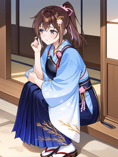 perfect quality,best quality,absolutely eye-catching,ambient occlusion,raytracing BREAK
1girl,<lora:houkyuu IL v1.1:1>,houkyuu,brown hair,ponytail,hair ornament,blue japanese clothes,blue print hakama,wide sleeves,muneate,flower,wide sleeves,solo,zouri,tabi,, from_outside,face_focus,on_side,hair_twirling,arms_crossed,crossed_legs,