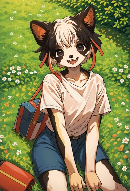 score_9, score_8_up, score_7_up, source anime,
masterpiece, best quality, detailed, amazing quality,
detailed background, park,
detailed eyes, clean eyes,
dynamic pose, laying in grass, laying on stomach, from above,
solo,
easynegative,
furry, dog boy, 1boy, happy,
baggy shirt, shorts, bag