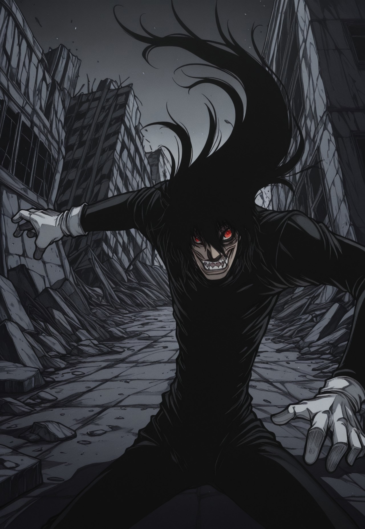 safe_pos, score_9, score_8_up, score_7_up, masterpiece, best quality, amazing quality, Normalucard, solo, 1boy, male focus, black hair, very long hair, white gloves, black bodysuit, evil laugh, fangs, crazy eyes, red eyes, looking at viewer, portrait, close-up, perspective, night, dark, ruins, greyscale, monochrome,