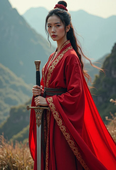 a poised female warrior in traditional red attire with golden motive, holding an ornate sword at her side, standing tall with a proud and confident stance, her red robes gently flowing in a soft breeze, ultra-detailed fabric textures, photorealistic skin tones, dynamic lighting, high-definition rendering, vibrant red colors, intricate sword craftsmanship, elegant hair styling, serene mountain backdrop, cinematic composition, confident and determined expression, detailed environment, soft wind effects, atmospheric depth