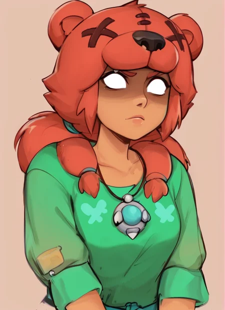 score_9, score_8_up, score_7_up, <lora:bsnita-000006:0.9>bsnita, dark-skinned female, , 1 girl , solo , red hair ,necklace, green dress ,bear ears ,,simple background, white pupils, shaded face,bear girl, brown pants, <lora:Kittew-4RCH0N:1> , 4RCH0N