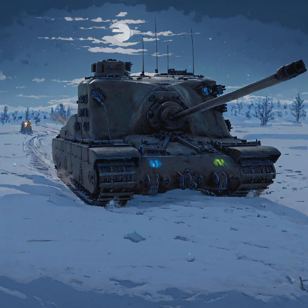In the stark, moonlit landscape of a snowy tundra, the trtsetnk tank moves slowly, its heavy tracks leaving deep impressions in the snow. The cold, blue-tinged light casts long shadows, creating a sense of isolation and the challenges of warfare in extreme cold ((pulp_comic, heavy_lines, hand_drawn, hand_inked, hand_colored, perfect_face, apxlz))