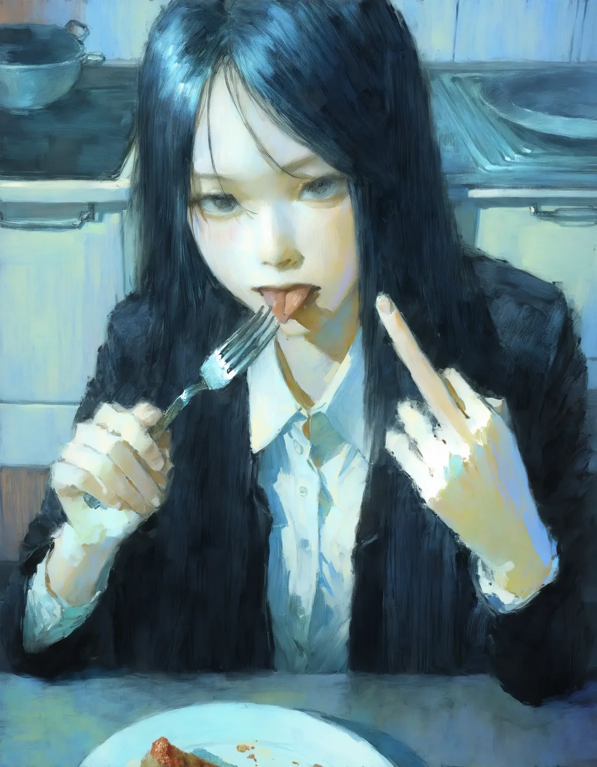 1girl, fork, solo, holding fork, black hair, long hair, looking at viewer, holding, food, shirt, black jacket, white shirt, middle finger, jacket, tongue out, long sleeves, collared shirt, tongue, upper body, sitting, k-pop, kitchen,
realistic, painterly, traditional media, <lora:why:1>