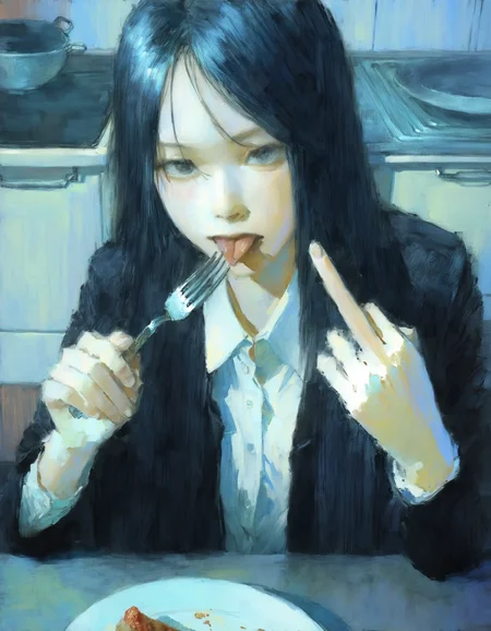1girl, fork, solo, holding fork, black hair, long hair, looking at viewer, holding, food, shirt, black jacket, white shirt, middle finger, jacket, tongue out, long sleeves, collared shirt, tongue, upper body, sitting, k-pop, kitchen, 
realistic, painterly, traditional media,   <lora:why:1>