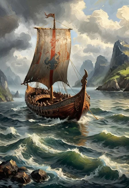 large Viking boat, oil painting , story board illustration, intricate details