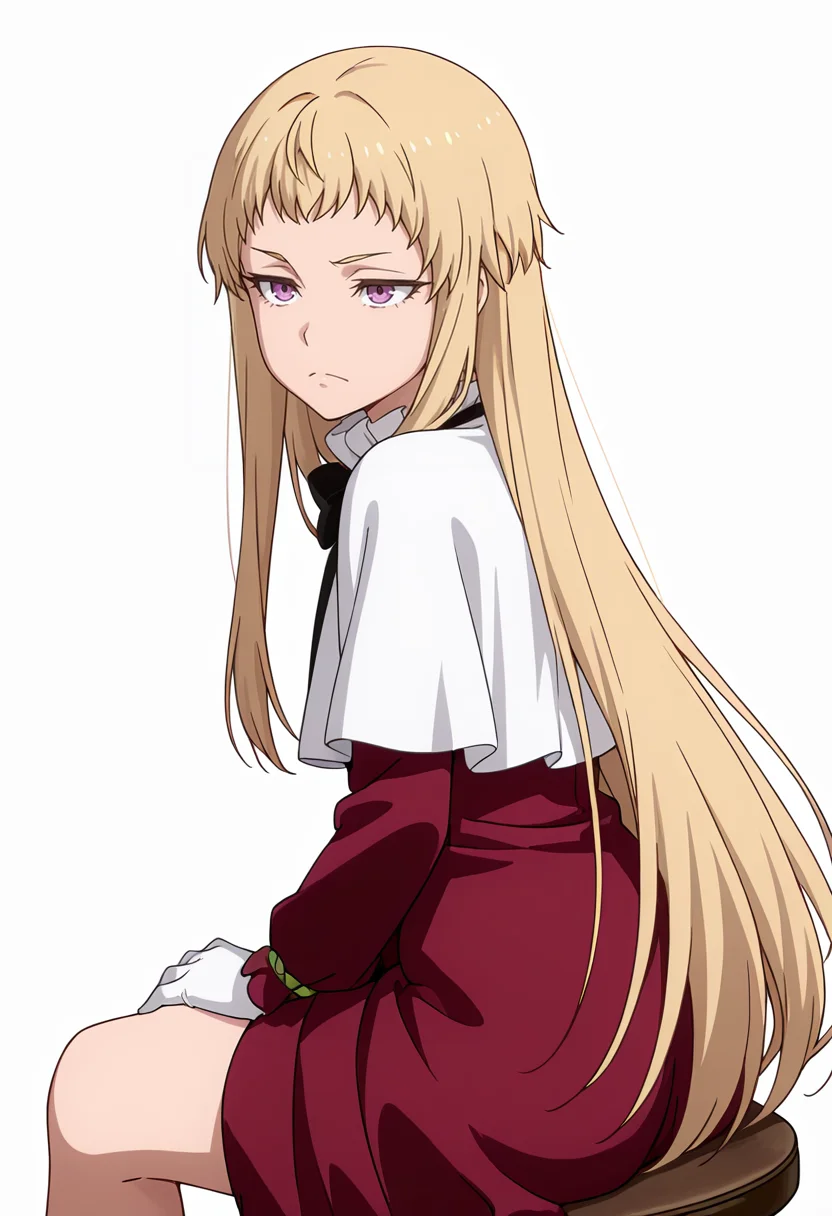 Smooth Quality,masterpiece,very intricate, high quality details, ultra realistic, high detailed skin,detailed enviorement,absurdres,
simple background, white background,solo,
sitting, legs spread, hands on knees, serious face, upright posture, ,from behind,despair,
<lora:Mariabell_Rosso_cnn:0.8> maricnn,1girl, long hair, blonde hair, purple eyes, frown, very long hair,red dress, long sleeves,white capelet,black bowtie,white gloves,