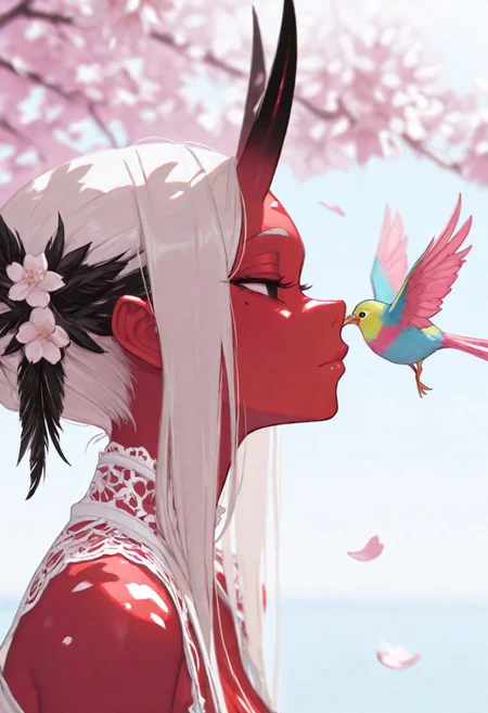 masterpiece, best quality, good quality, very awa, newest, highres, absurdres, uncensored,
Good quality, newest,1girl,
BREAK
detailed background, eyelashes, erotic, looking seductive, coy. dynamic action image, detailed face, detailed eyes, direct mesmerizing gaze,
BREAK
(sexy, slutty, hot, aroused),
1 girl , solo, long eyelashes ,
Aka-Oni, oni, colored skin, red skin, smooth horns, black horns
BREAK
flirting:2.0, action pose, flower, blurry foreground, forehead, high hair.
BREAK
8k, HDR, focused subject, 1girl, solo, detailed hair, feather hair ornament, black eyes, solid eyes, detailed eyes, detailed face, nose, lips, mole under eye,expressionless, gazing, head tilt, high collard,lace trim, square neckline, colorful singing bird, sakura tree branch, sakura blossoms, floating, bright sunlight, dappled light, blurry sky background, petals from side, profile, portrait, bright theme, bloom, chromatic aberration, limited palette, volumetric lighting,photo \(medium\), intricate,