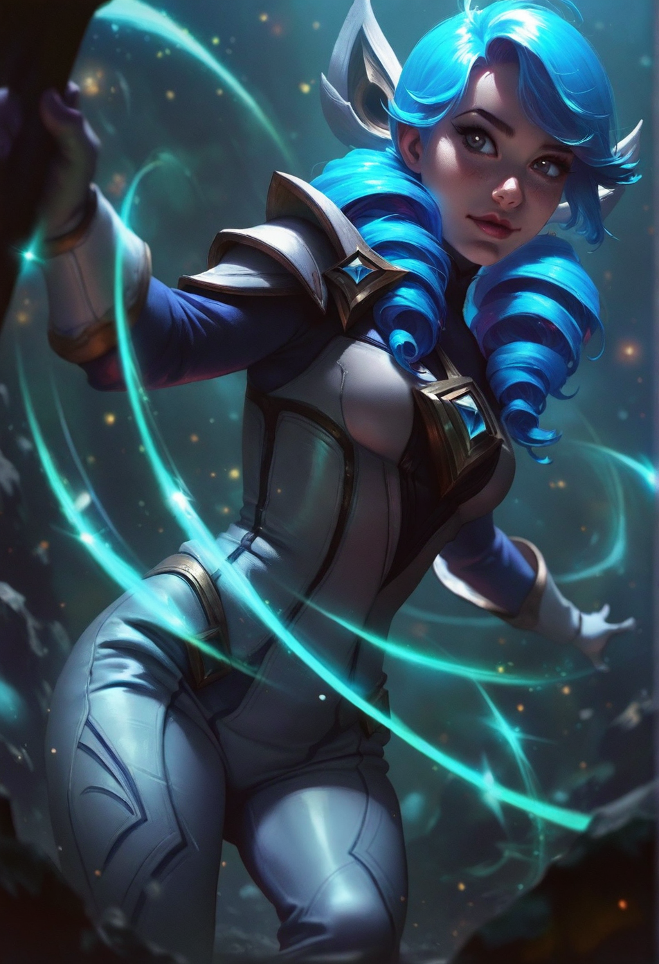 photorealistic, real aesthetic, masterpiece, high quality, Gwen, (League of Legends), action shot, outerspace background, shallow depth of field, detailed background, dynamic angle, volumetric lighting, high resolution