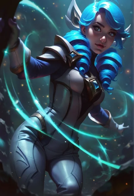 photorealistic, real aesthetic, masterpiece, high quality, Gwen, (League of Legends), action shot, outerspace background, shallow depth of field, detailed background, dynamic angle, volumetric lighting, high resolution