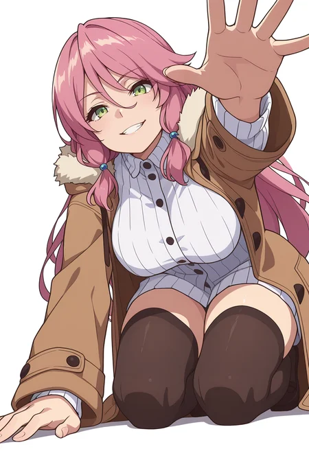 Smooth Quality,masterpiece,very intricate, high quality details, ultra realistic, high detailed skin,detailed enviorement,absurdres,
simple background, white background,
from below,evil grin,kneeling, one hand on ground, reaching forward, focused, tense, ,
thighhighs, ,duffle coat, ,fur-trimmed jacket, , <lora:Jioral_Flare_Arlgrande_cnn:0.8>flarecnn,1girl, long hair, hair between eyes,green eyes, pink hair, large breasts,