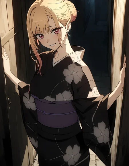 masterpiece, best quality, ultra detailed, highres, incredibly absurdres, high quality,
far side low key light, empty alley,
very aesthetic,
blackflora kimono, kitagawa marin, earrings, pierced ears,
purple fukuro obi, black kimono, white floral sketch kimono, single hair bun,
looking at viewer, standing aside, happy,
cowboy shot,
<lora:hinaKitagawaMarin_sdxl_wifu_v2:0.9>,